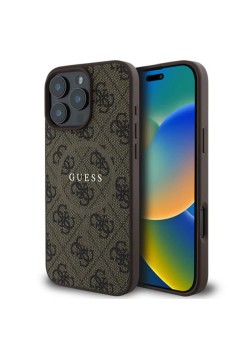 Husa pentru iPhone 16 Pro - Guess 4G Ring Classic Logo MagSafe (GUHMP16LG4GFRW) - Brown