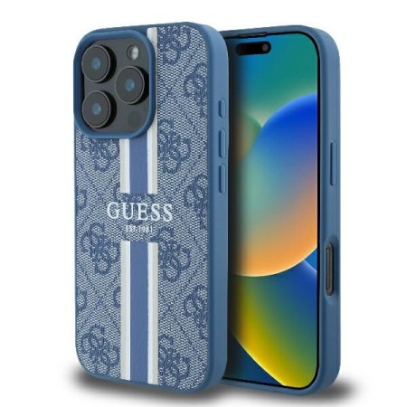 Husa pentru iPhone 16 Pro - Guess Hardcase 4G Printed Stripes MagSafe (GUHMP16LP4RPSB) - Blue