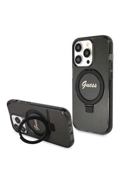 Husa pentru iPhone 15 Pro Max - Guess Ring Stand Script Glitter MagSafe (GUHMP15XHRSGSK) - Black