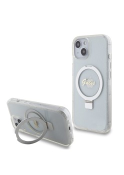 Husa pentru iPhone 15 / iPhone 14 / iPhone 13 - Guess Ring Stand Script Glitter MagSafe (GUHMP15SHRSGSD) - Clear