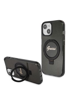 Husa pentru iPhone 15 / iPhone 14 / iPhone 13 - Guess Ring Stand Script Glitter MagSafe (GUHMP15SHRSGSK) - Black