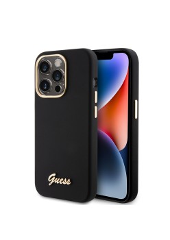 Husa pentru iPhone 15 Pro - Guess Silicone Script Metal Logo and Frame (GUHCP15LSMBSLK) - Black