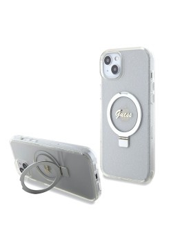 Husa pentru iPhone 15 Plus / iPhone 14 Plus - Guess Ring Stand Script Glitter MagSafe (GUHMP15MHRSGSD) - Clear