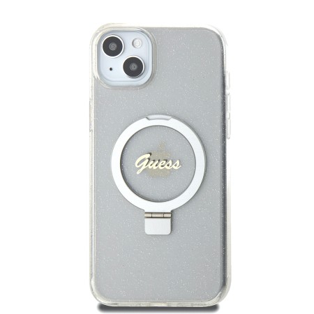 Husa pentru iPhone 15 Plus / iPhone 14 Plus - Guess Ring Stand Script Glitter MagSafe (GUHMP15MHRSGSD) - Clear