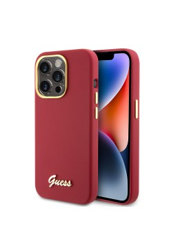 Husa pentru iPhone 15 Pro - Guess Silicone Script Metal Logo and Frame (GUHCP15LSMBSLM) - Red