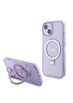 Husa pentru iPhone 15 Plus / iPhone 14 Plus - Guess Ring Stand Script Glitter MagSafe (GUHMP15MHRSGSU) - Purple