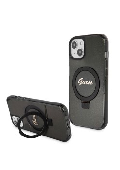Husa pentru iPhone 15 Plus / iPhone 14 Plus - Guess Ring Stand Script Glitter MagSafe (GUHMP15MHRSGSK) - Black