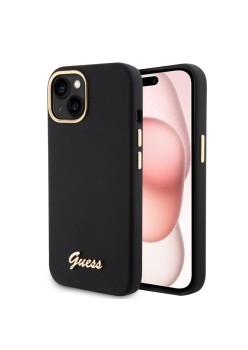 Husa pentru iPhone 15 / iPhone 14 / iPhone 13 - Guess Silicone Script Metal Logo and Frame (GUHCP15SSMBSLK) - Black
