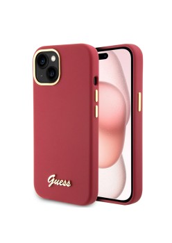 Husa pentru iPhone 15 / iPhone 14 / iPhone 13 - Guess Silicone Script Metal Logo and Frame (GUHCP15SSMBSLM) - Red