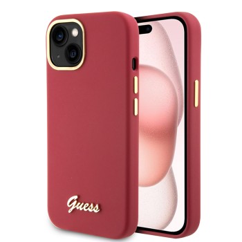 Husa pentru iPhone 15 / iPhone 14 / iPhone 13 - Guess Silicone Script Metal Logo and Frame (GUHCP15SSMBSLM) - Red
