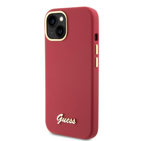 Husa pentru iPhone 15 / iPhone 14 / iPhone 13 - Guess Silicone Script Metal Logo and Frame (GUHCP15SSMBSLM) - Red