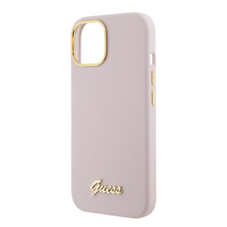 Husa pentru iPhone 15 / iPhone 14 / iPhone 13 - Guess Silicone Script Metal Logo and Frame (GUHCP15SSMBSLP) - Light Pink