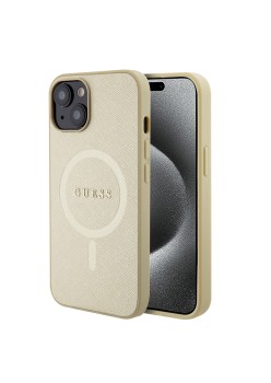 Husa pentru iPhone 15 Plus / iPhone 14 Plus - Guess Saffiano MagSafe (GUHMP15MPSAHMCB) - Gold