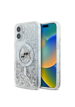 Husa pentru iPhone 16 - Karl Lagerfeld Glitter Liquid MagSafe (KLHMP16SLGKCSGH) - Transparent KarlandChoupette Head