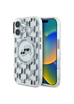 Husa pentru iPhone 16 - Karl Lagerfeld IML MagSafe (KLHMP16SHMCKMHT) - Transparent Monogram KarlandChoupette Head