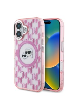 Husa pentru iPhone 16 - Karl Lagerfeld IML MagSafe (KLHMP16SHMCKMHP) - Pink Monogram KarlandChoupette Head