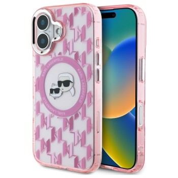 Husa pentru iPhone 16 - Karl Lagerfeld IML MagSafe (KLHMP16SHMCKMHP) - Pink Monogram KarlandChoupette Head