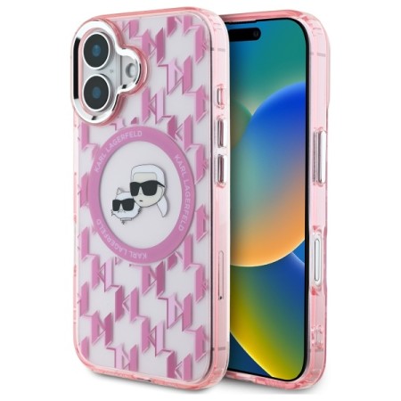 Husa pentru iPhone 16 - Karl Lagerfeld IML MagSafe (KLHMP16SHMCKMHP) - Pink Monogram KarlandChoupette Head