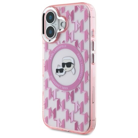 Husa pentru iPhone 16 - Karl Lagerfeld IML MagSafe (KLHMP16SHMCKMHP) - Pink Monogram KarlandChoupette Head