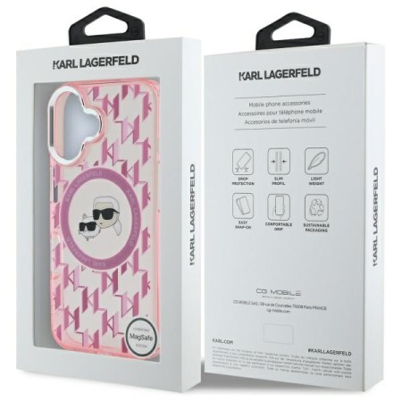 Husa pentru iPhone 16 - Karl Lagerfeld IML MagSafe (KLHMP16SHMCKMHP) - Pink Monogram KarlandChoupette Head