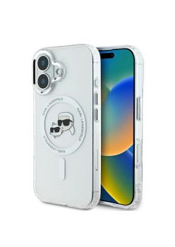 Husa pentru iPhone 16 - Karl Lagerfeld IML MagSafe (KLHMP16SHLSKCH) - White Metal KarlandChoupette Head