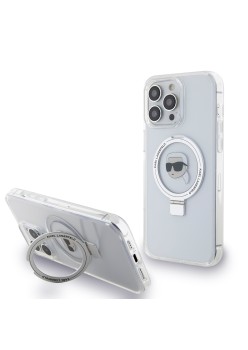 Husa pentru iPhone 15 Pro Max - Karl Lagerfeld Hardcase Ring Stand MagSafe (KLHMP15XHMRSKHH) - White Karl Head