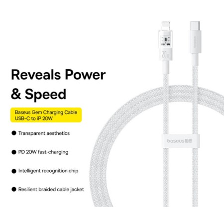 Cablu USB-C la Lightning, Fast Charging 20W, 2m - Baseus Gem (P10373001211-01) - Moon White