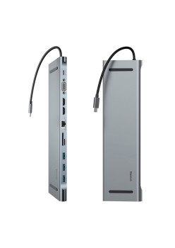 Hub Type-C to HDMI, VGA, USB 3.0 x 3, RJ45, 3.5mm, SD, TF, Type-C - Baseus (CATSX-G0G) - Black