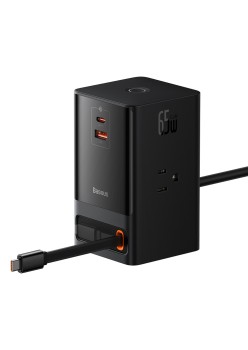 Incarcator 3 x AC, USB, Type-C cu Cablu Type-C, 65W, US Plug - Baseus (PSLR000101) - Black