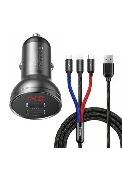 Incarcator Auto 2xUSB + Cablu 3in1 - Baseus Digital Display (TZCCBX-0G) - Black