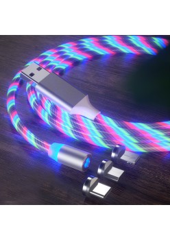 Cablu de Incarcare Magnetic USB la Type-C, Micro-USB, Lightning 1m - Techsuit LED Flowing - White