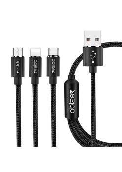 Cablu de Date 3in1 USB la Lightning, Type-C, Micro USB 60W, 3A, 1.2m - Yesido (CA60) - Black