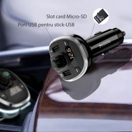 Incarcator Auto cu Modulator FM, Display LED, 2xUSB 3A, MicroSD - Yesido (Y39) - Black
