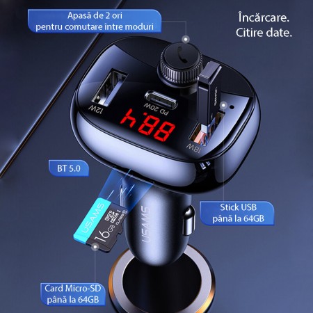 Incarcator Auto cu Modulator FM 2xUSB, Type-C 50W - USAMS C25 (US-CC143) - Black