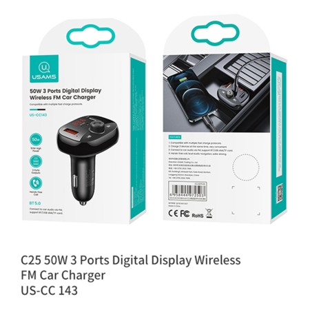 Incarcator Auto cu Modulator FM 2xUSB, Type-C 50W - USAMS C25 (US-CC143) - Black