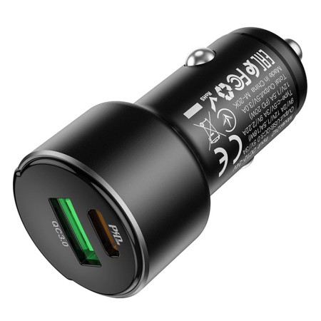 Incarcator Auto USB-A, Type-C, QC 3.0, PD20W, 3A - Hoco Light Road (Z42) - Black