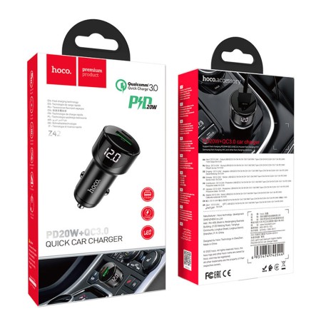 Incarcator Auto USB-A, Type-C, QC 3.0, PD20W, 3A - Hoco Light Road (Z42) - Black