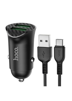 Incarcator Auto 2x USB QC3.0, 18W + Cablu Type C 1m - Hoco (Z39 Farsighted) - Black