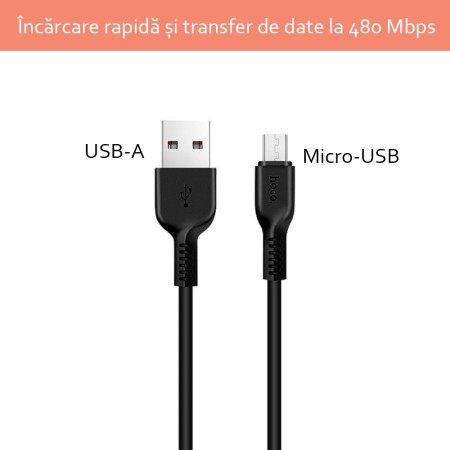 Cablu de Date USB-A la Micro-USB 10W, 2A, 3m - Hoco Flash (X20) - Black