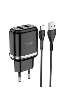 Incarcator Priza 2xUSB-A, 12W, 2.4A + Cablu Type-C 1m - Hoco Aspiring (N4) - Black