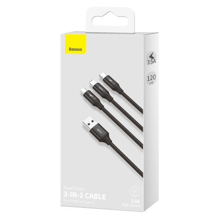 Cablu de Date USB la Type-C, Lightning, Micro-USB 3.5A, 1.2m - Baseus Rapid Series (CAJS000001) - Black