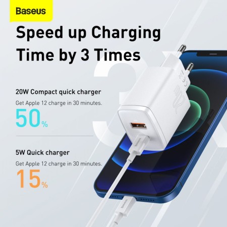 Incarcator Priza USB QC3.0 + Type-C 20W - Baseus Compact (CCXJ-B02) - White