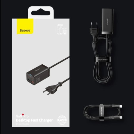 Statie Incarcare 2xUSB-C, PD65W, 2xUSB-A, 5A + Cablu Type-C - Baseus GaN3 Pro (CCGP040101) - Black