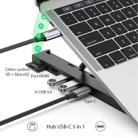 Suport Laptop + Hub Type-C la 2xUSB, HDMI, card SD, Card TF - Ugreen (80551) - Black