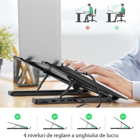 Suport Laptop + Hub Type-C la 2xUSB, HDMI, card SD, Card TF - Ugreen (80551) - Black
