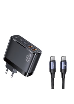 Incarcator Priza 2xUSB-C GaN 100W, 2xUSB-A QC 3.0 + Cablu Type-C 1.2m - USAMS (UCTZ01) - Black