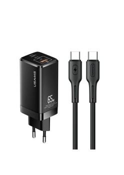 Incarcator priza 2x Type-C, USB 65W + Cablu Type-C PD100W - USAMS Kit (MTXLOGTC01) - Black