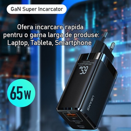 Incarcator priza 2x Type-C, USB 65W + Cablu Type-C PD100W - USAMS Kit (MTXLOGTC01) - Black