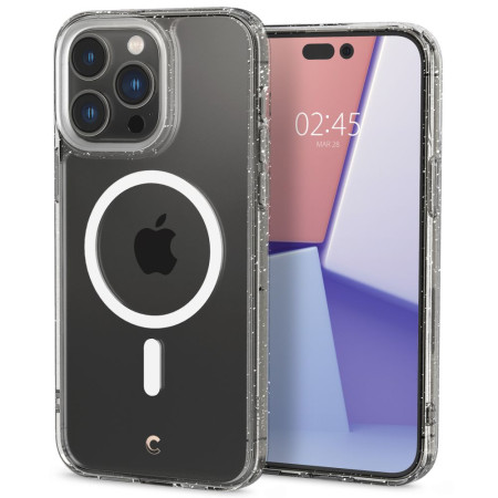 Husa pentru iPhone 14 Pro Max + Folie (set 2) Spigen Cyrill Shine 360 Mag Safe, Glitter Clear