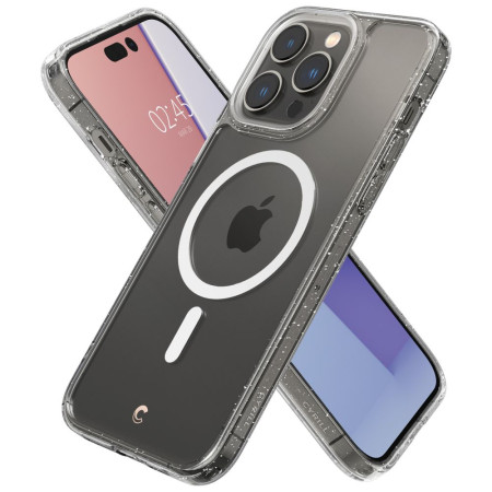 Husa pentru iPhone 14 Pro Max + Folie (set 2) Spigen Cyrill Shine 360 Mag Safe, Glitter Clear